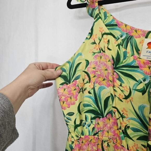 Farm Rio For Anthropologie Yellow Floral Ruffled Tank Button Front Top Large - Picture 10 of 11